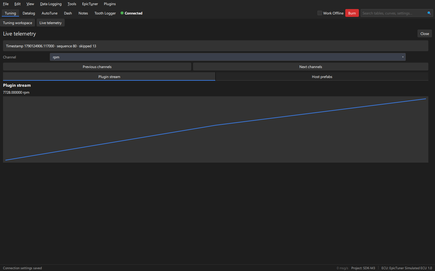 Live telemetry plugin with channel selection and a graph