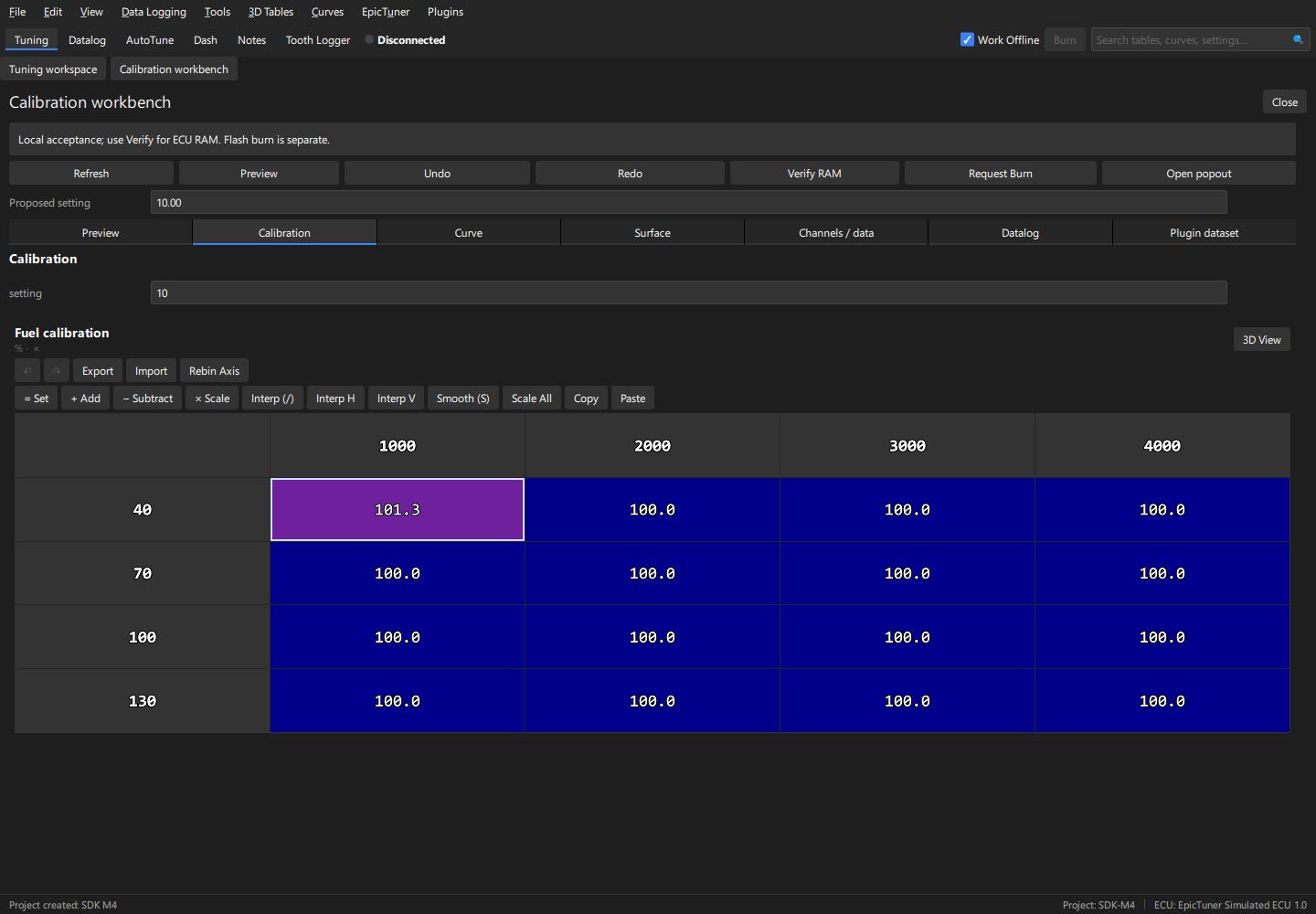 Docked calibration workspace using synthetic data